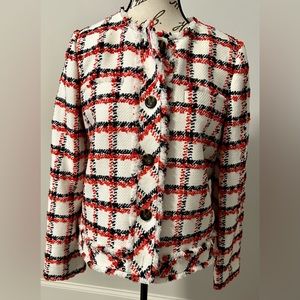 NEW Ann Taylor Petite Plaid Fringe Tweed Jacket.  Red, Blue, Winter White.  8P.